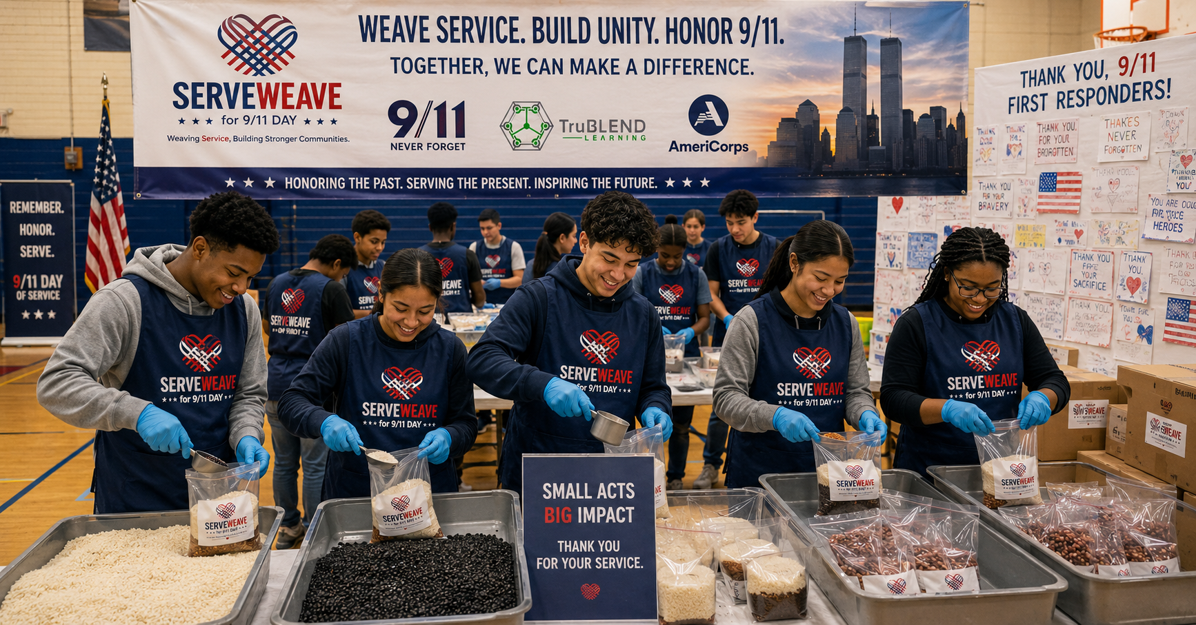 Diverse youth volunteers in ServeWeave aprons packing food at a 9/11 Day of Service event